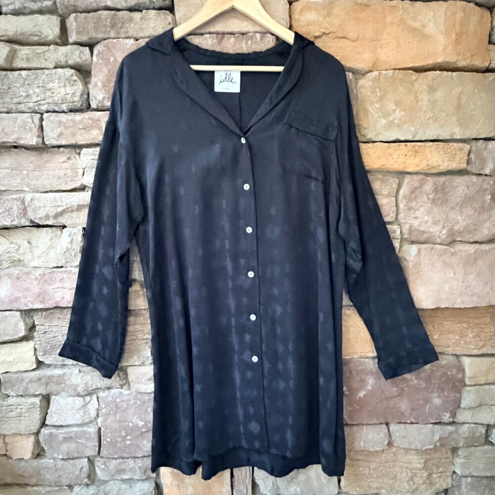 NEW IDLE DESIGNER OVERSIZED Satin BUTTON Black LONG Sleep Shirt Nightgown XS/S